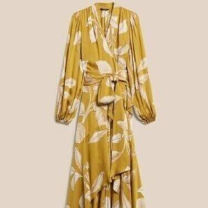 NWT Banana Republic $230 Yellow Floral/Leaf Satin Ruffle Wrap Maxi Party Dress S